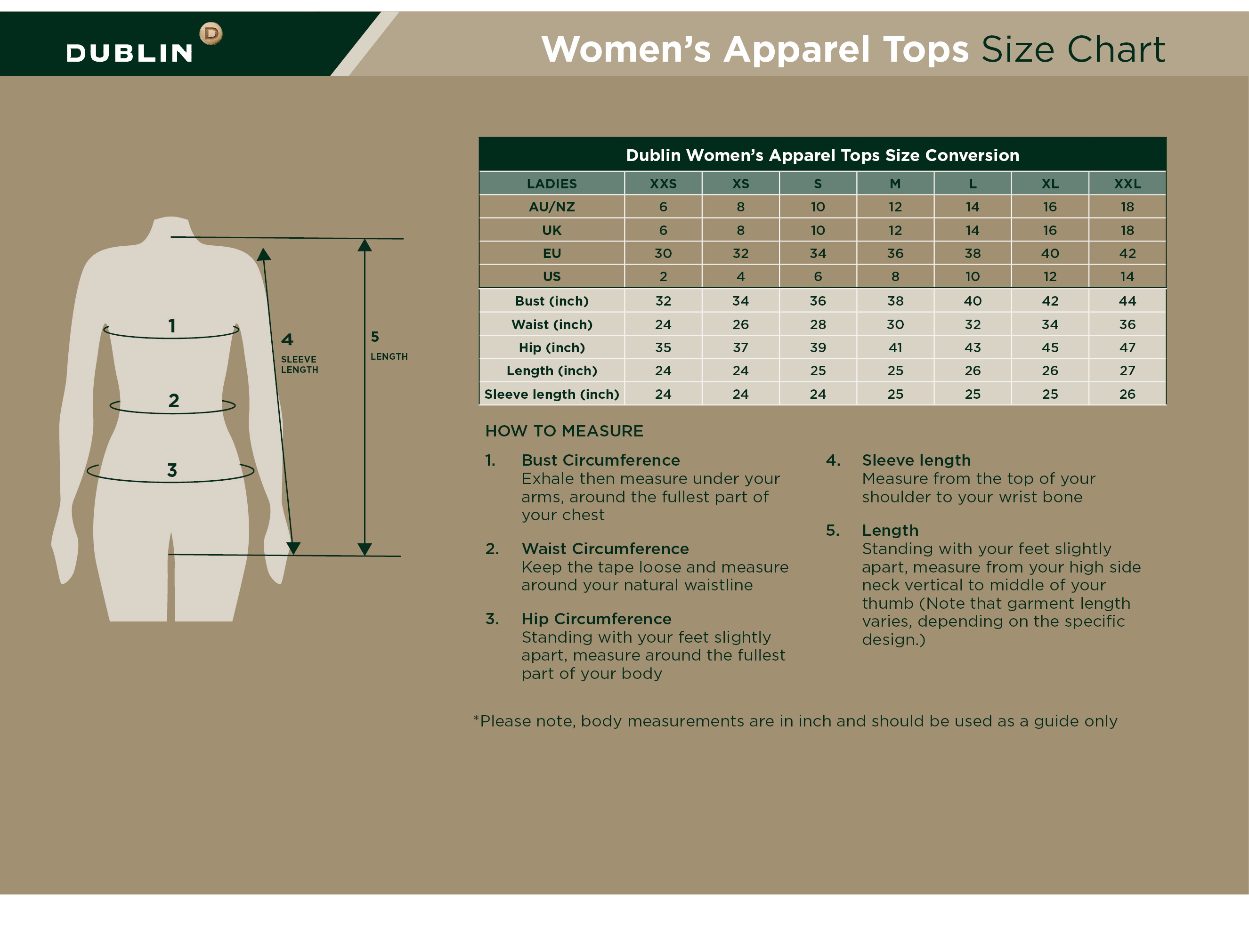 DUBLIN TOPS 24  Size Chart